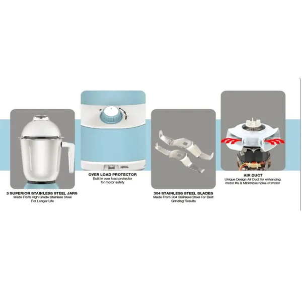 Havells Energia 600W 3 Stainless Steel Jars Mixer Grinder - Blue – View 3