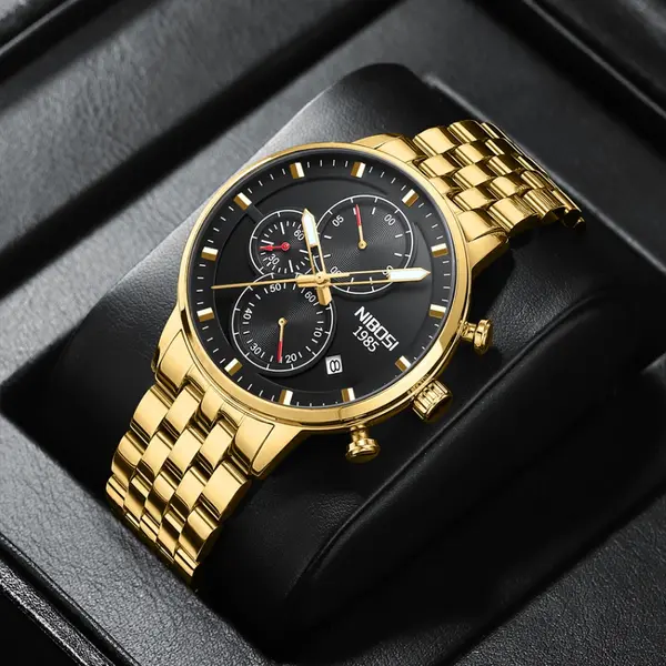 Nibosi 2531 Luxury Stainless Steel Waterproof Men's Watch – Dial Color: Black Gold, Strap Color: Gold – View 2