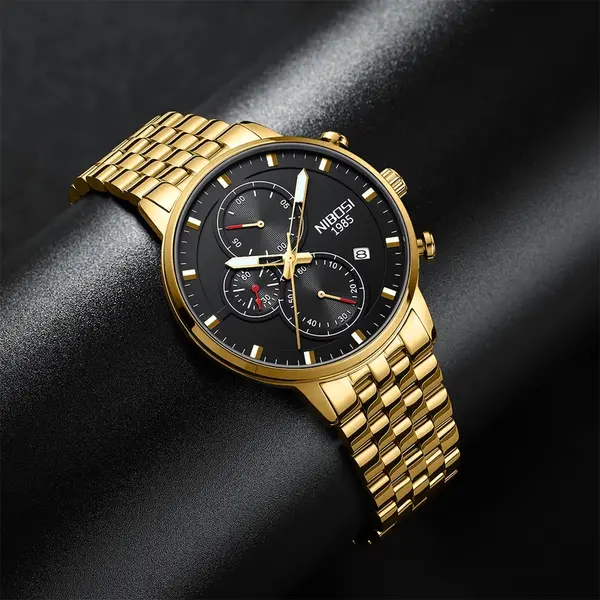 Nibosi 2531 Luxury Stainless Steel Waterproof Men's Watch – Dial Color: Black Gold, Strap Color: Gold – View 3