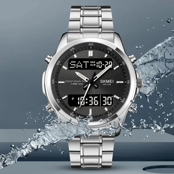 Skmei 2049 Analog Digital Dual Display Men's Watch – Dial Color: Black, Strap Color: Silver – View 5