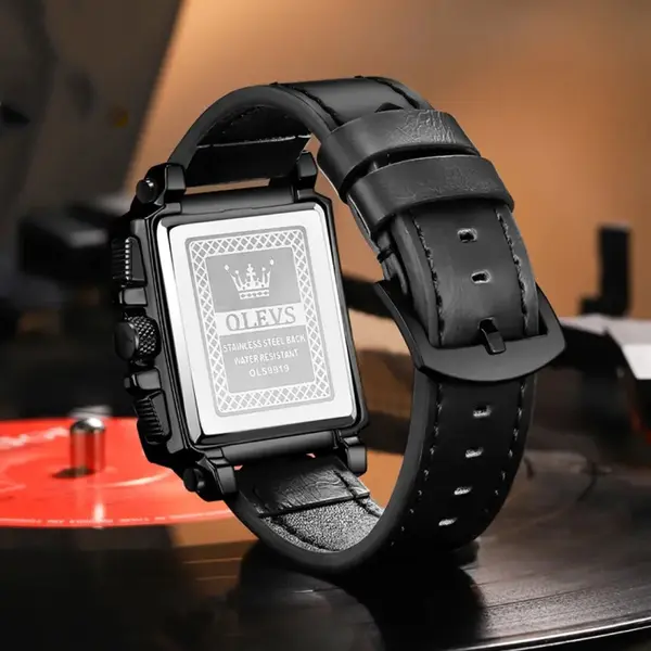 OLEVS 9919 Elite Sports Leather Strap Square Dial Chronograph Men's Analog Watch  – Dial Color: Black, Strap Color: Black – View 2