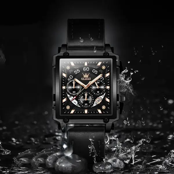 OLEVS 9919 Elite Sports Leather Strap Square Dial Chronograph Men's Analog Watch  – Dial Color: Black, Strap Color: Black – View 5