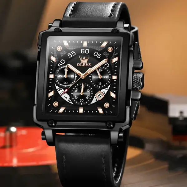 OLEVS 9919 Elite Sports Leather Strap Square Dial Chronograph Men's Analog Watch  – Dial Color: Black, Strap Color: Black – View 4