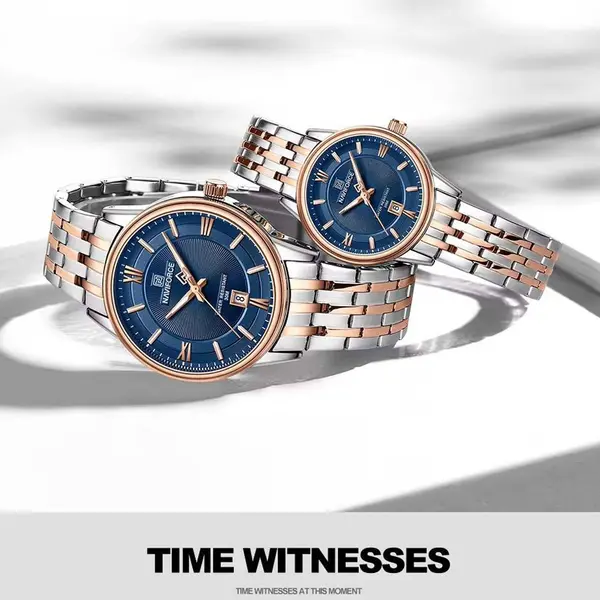 Naviforce NF8040 High Quality Stainless Steel Classic Quartz Fashion Couple's Watch – Dial Color: Blue, Strap Color: Rose Gold – View 2
