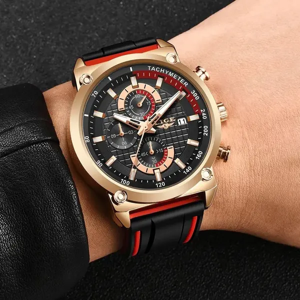 LIGE 10004 Silicone Strap Quartz Analog Premium Sporty Men's Watch – Dial Color: Rose, Strap Color: Black – View 2