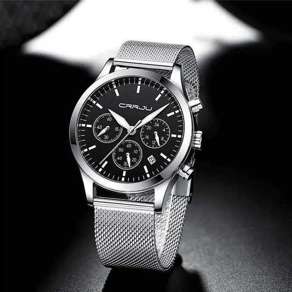 CRRJU 2288 Dive into Luxury Mesh Stainless Steel Casual Men's Watch – Dial Color: Black, Strap Color: Silver – View 2