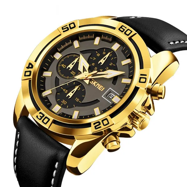 Skmei 9156 Fashion Leather Luxury Military Quartz Men's Watch  – Dial Color: Gold, Strap Color: Black – View 2