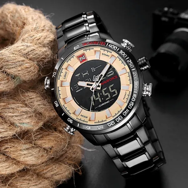 NAVIFORCE NF9093 Luxurious Stainless Steel Dual Time Men's Watch – Dial Color: Rose, Strap Color: Black – View 2
