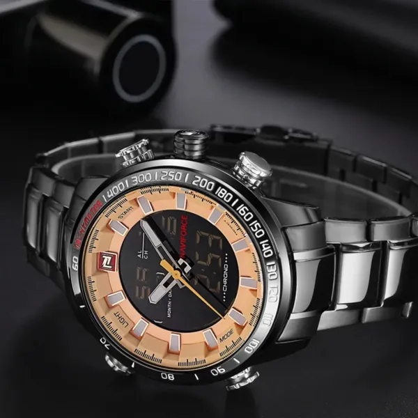 NAVIFORCE NF9093 Luxurious Stainless Steel Dual Time Men's Watch – Dial Color: Rose, Strap Color: Black – View 3