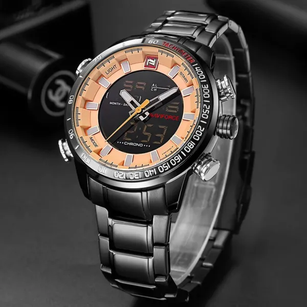 NAVIFORCE NF9093 Luxurious Stainless Steel Dual Time Men's Watch – Dial Color: Rose, Strap Color: Black – View 4