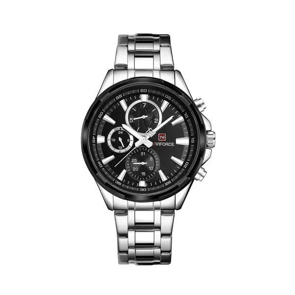 Naviforce NF9089 Stainless Steel Chronograph Multifunctional Classic Men's Watch – Dial Color: Black, Strap Color: Silver – View 1