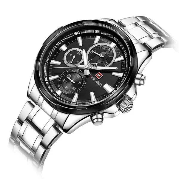 Naviforce NF9089 Stainless Steel Chronograph Multifunctional Classic Men's Watch – Dial Color: Black, Strap Color: Silver – View 3