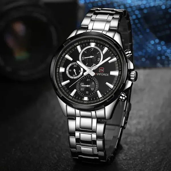 Naviforce NF9089 Stainless Steel Chronograph Multifunctional Classic Men's Watch – Dial Color: Black, Strap Color: Silver – View 5