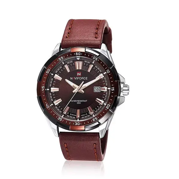 Naviforce NF9056 Comfortable Genuine Leather Strap Quartz Men' Fashion Watch  – Dial Color: Silver, Strap Color:  Brown  – View 1