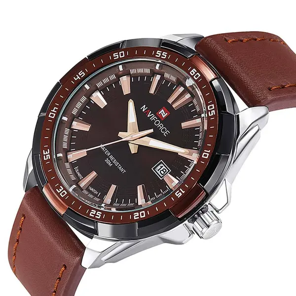 Naviforce NF9056 Comfortable Genuine Leather Strap Quartz Men' Fashion Watch  – Dial Color: Silver, Strap Color:  Brown  – View 2