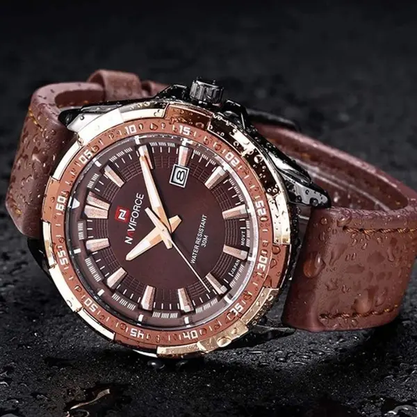 Naviforce NF9056 Comfortable Genuine Leather Strap Quartz Men' Fashion Watch  – Dial Color: Silver, Strap Color:  Brown  – View 3