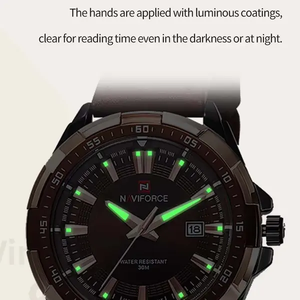 Naviforce NF9056 Comfortable Genuine Leather Strap Quartz Men' Fashion Watch  – Dial Color: Silver, Strap Color:  Brown  – View 5