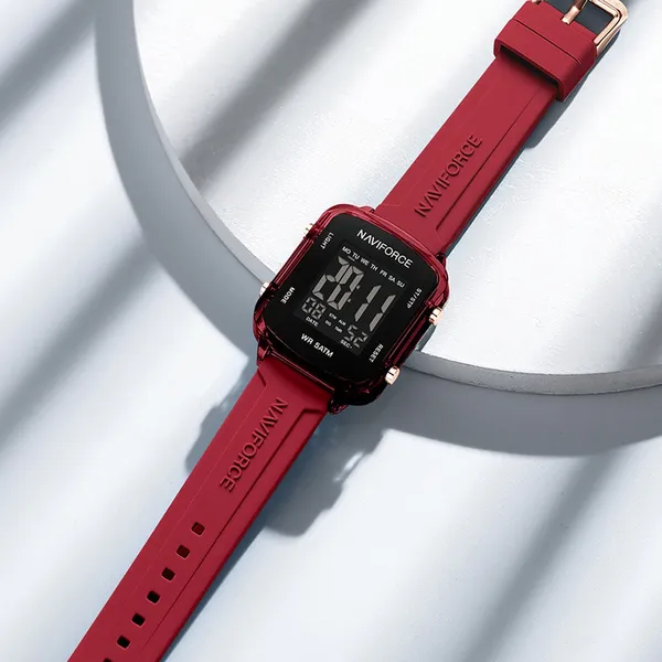 Naviforce 7120 Silicone Strap Multi-Functional Sport Fashion Digital Women Watch – Dial Color: Black, Strap Color: Red – View 2