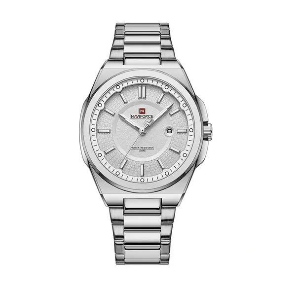 Naviforce 9212 Authentic Stainless Steel Analog Men's Watch – Dial Color: White, Strap Color: White – View 1