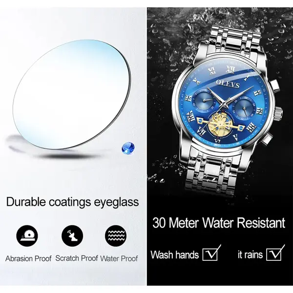 OLEVS 2859 Steampunk Style Stainless Steel Waterproof Men's Chronograph Watch – Dial Color: Blue, Strap Color: White – View 5