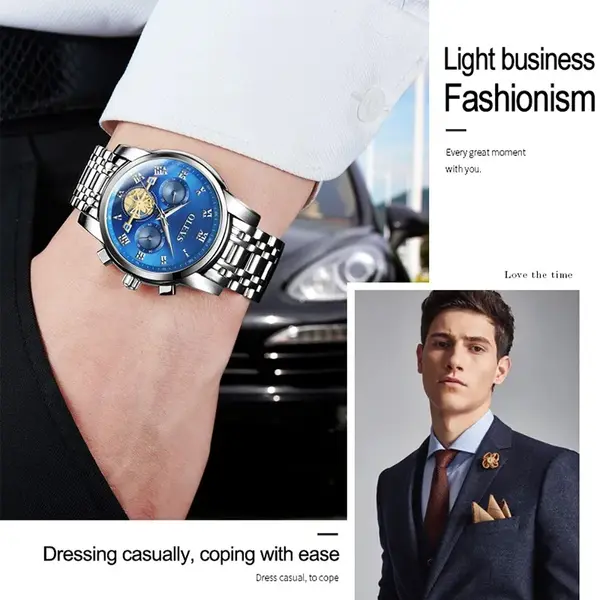 OLEVS 2859 Steampunk Style Stainless Steel Waterproof Men's Chronograph Watch – Dial Color: Blue, Strap Color: White – View 4