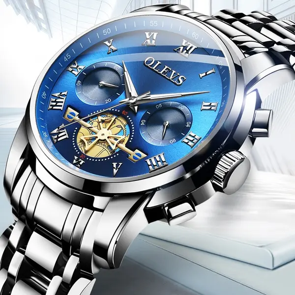 OLEVS 2859 Steampunk Style Stainless Steel Waterproof Men's Chronograph Watch – Dial Color: Blue, Strap Color: White – View 3