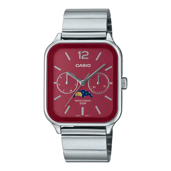 CASIO MTP-M305D-1AVDF Moon Chaser Silver Stainless Steel Chain Unisex Analog Watch – Dial Color: Red, Strap Color: Silver – View 1