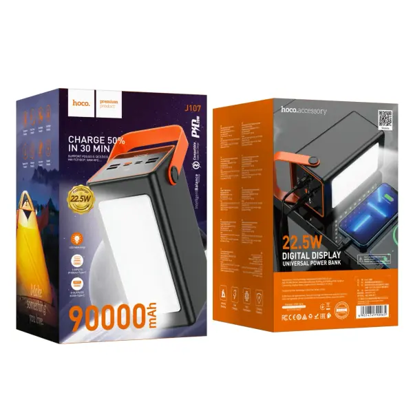 HOCO J107 90000mAh Fully Compatible LED Digital Display Power Bank  – Color: Black – View 3