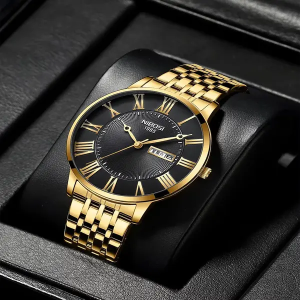  Nibosi 2527 Classic Stainless Steel Analog Fashion Men's Watch – Dial Color: Black Gold, Strap Color: Gold – View 2