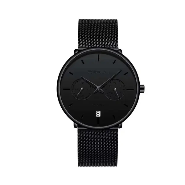 CRRJU 2162 Ultrathin Mesh Stainless Steel Band Business Fashion Men’s Watch – Dial Color: Black, Strap Color: Black – View 1