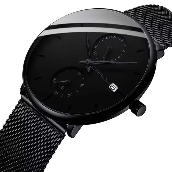 CRRJU 2162 Ultrathin Mesh Stainless Steel Band Business Fashion Men’s Watch – Dial Color: Black, Strap Color: Black – View 2