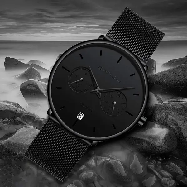 CRRJU 2162 Ultrathin Mesh Stainless Steel Band Business Fashion Men’s Watch – Dial Color: Black, Strap Color: Black – View 3