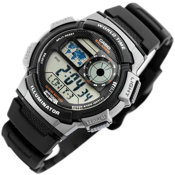 Casio AE-1000W-1AVDF Youth World Time Water Resistant Multifunctional Digital Watch  – Dial Color: Silver, Strap Color: Black – View 2