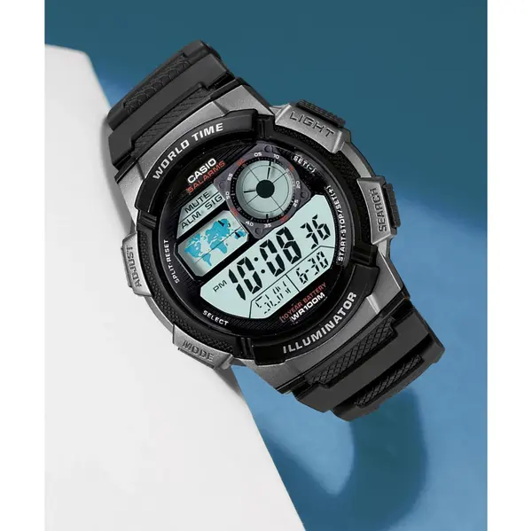 Casio AE-1000W-1AVDF Youth World Time Water Resistant Multifunctional Digital Watch  – Dial Color: Silver, Strap Color: Black – View 6