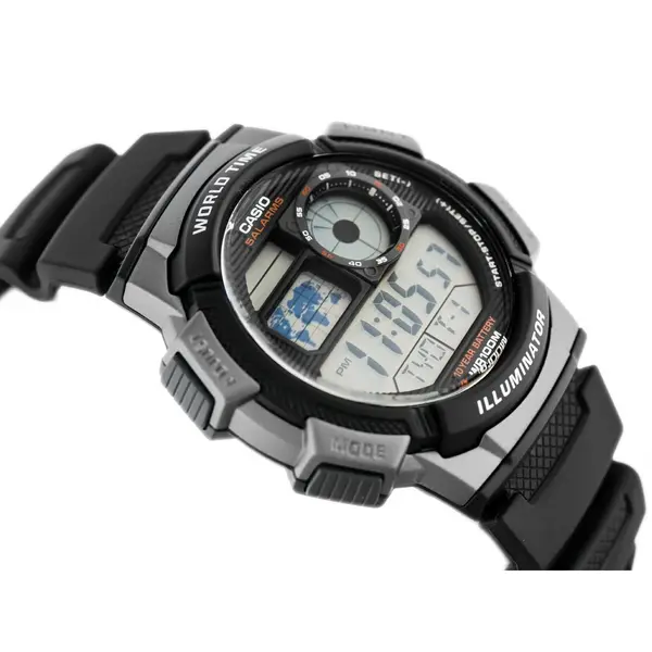 Casio AE-1000W-1AVDF Youth World Time Water Resistant Multifunctional Digital Watch  – Dial Color: Silver, Strap Color: Black – View 3