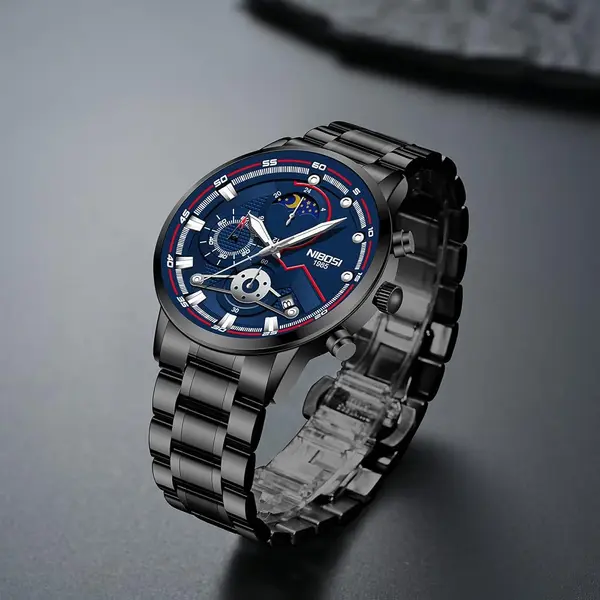 Nibosi 2503 High Quality Stainless Steel Multifunctional Classic Men's Watch – Dial Color: Blue, Strap Color: Black – View 4
