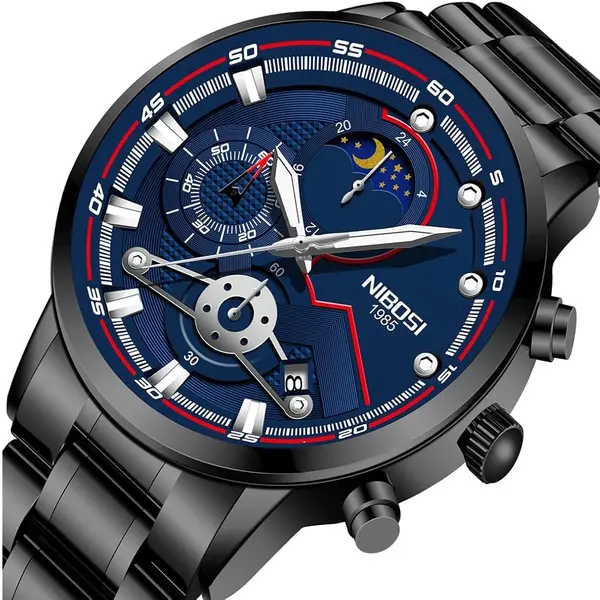 Nibosi 2503 High Quality Stainless Steel Multifunctional Classic Men's Watch – Dial Color: Blue, Strap Color: Black – View 2