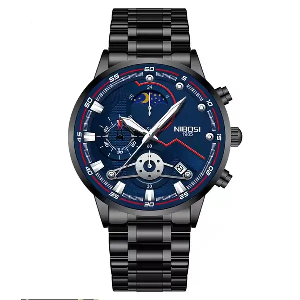 Nibosi 2503 High Quality Stainless Steel Multifunctional Classic Men's Watch – Dial Color: Blue, Strap Color: Black – View 1