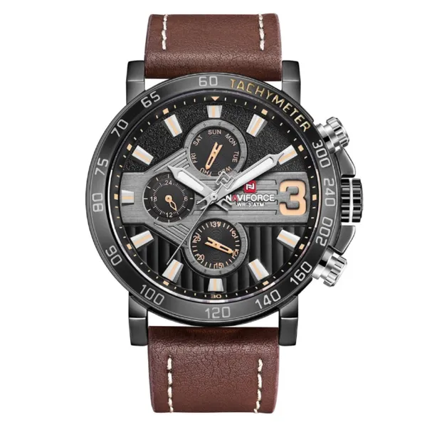 NAVIFORCE 9137 Sports Leather Wrist Strap Analog Quartz Men’s Watch – Dial Color: Black, Strap Color: Brown – View 1