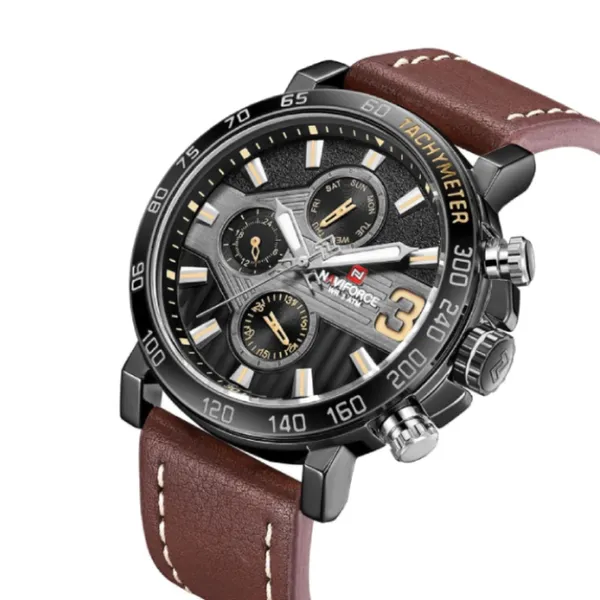 NAVIFORCE 9137 Sports Leather Wrist Strap Analog Quartz Men’s Watch – Dial Color: Black, Strap Color: Brown – View 2