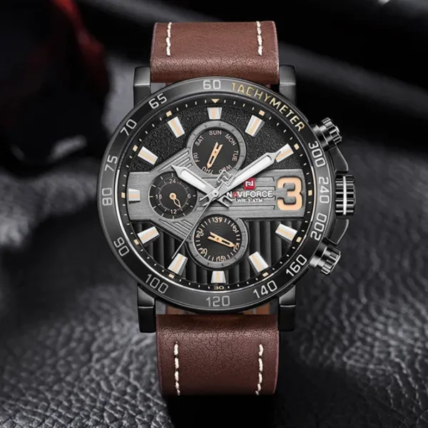 NAVIFORCE 9137 Sports Leather Wrist Strap Analog Quartz Men’s Watch – Dial Color: Black, Strap Color: Brown – View 3