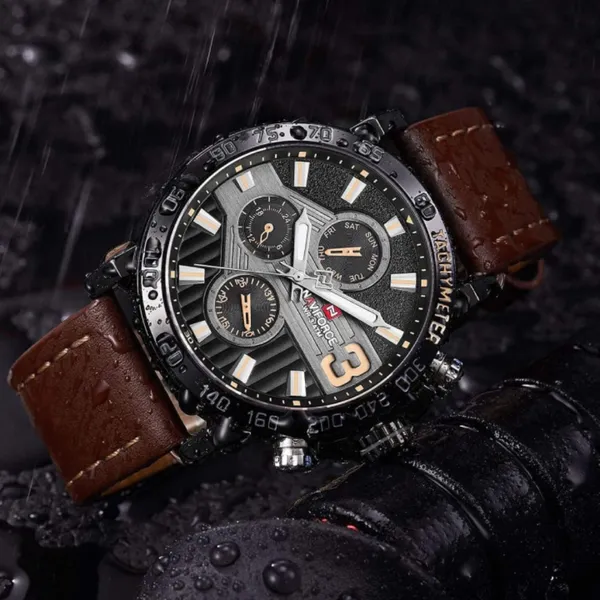 NAVIFORCE 9137 Sports Leather Wrist Strap Analog Quartz Men’s Watch – Dial Color: Black, Strap Color: Brown – View 4
