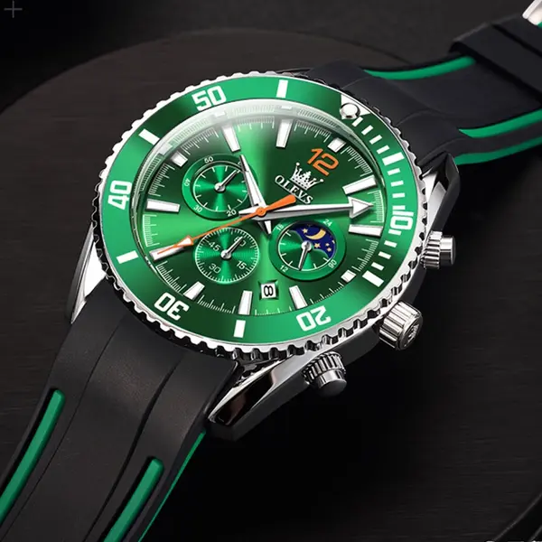 OLEVS 9916 Sports Waterproof Luminous Multifunction Silicone Band Men's Quartz Wristwatch  – Dial Color: Green, Strap Color: Black – View 4