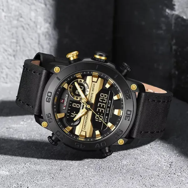Naviforce 9235 Genuine Leather Dual Display Luxury Fashion Men's Watch – Dial Color: Black, Strap Color: Black – View 2