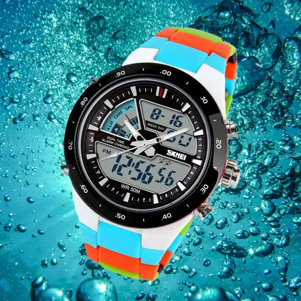 SKMEI 1016 Dual Time PU Leather Sporty Men's Watch – Dial Color: Black, Strap Color: Blue – View 2