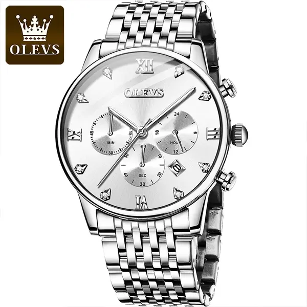 OLEVS 2868 Luxurious Waterproof Braided Stainless Steel Chain Men's Quartz Watch – Dial Color: White, Strap Color: White – View 4