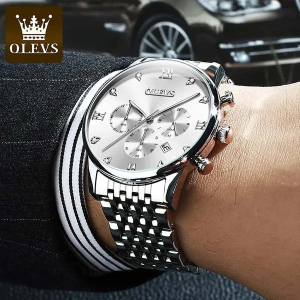 OLEVS 2868 Luxurious Waterproof Braided Stainless Steel Chain Men's Quartz Watch – Dial Color: White, Strap Color: White – View 2