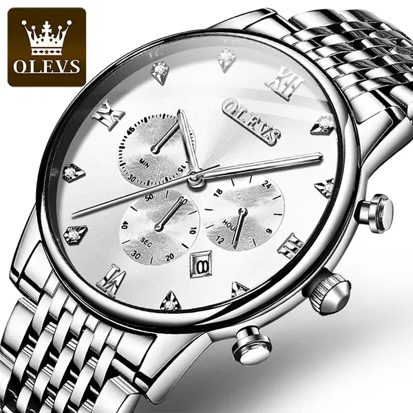 OLEVS 2868 Luxurious Waterproof Braided Stainless Steel Chain Men's Quartz Watch – Dial Color: White, Strap Color: White – View 3