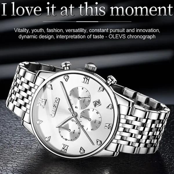 OLEVS 2868 Luxurious Waterproof Braided Stainless Steel Chain Men's Quartz Watch – Dial Color: White, Strap Color: White – View 6