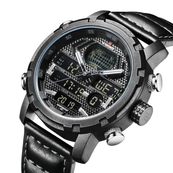 Naviforce NF9160 PU Leather Dual Time Men’s Wrist Watch – Dial Color: Black, Strap Color: Black – View 2
